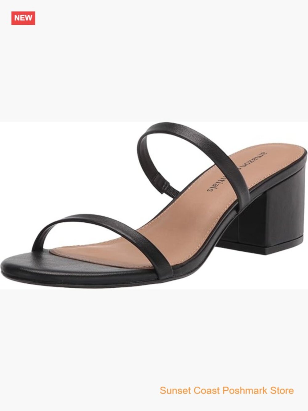 Women's Thin Two Strap Chunky Heeled Slide Sandals Faux Leather